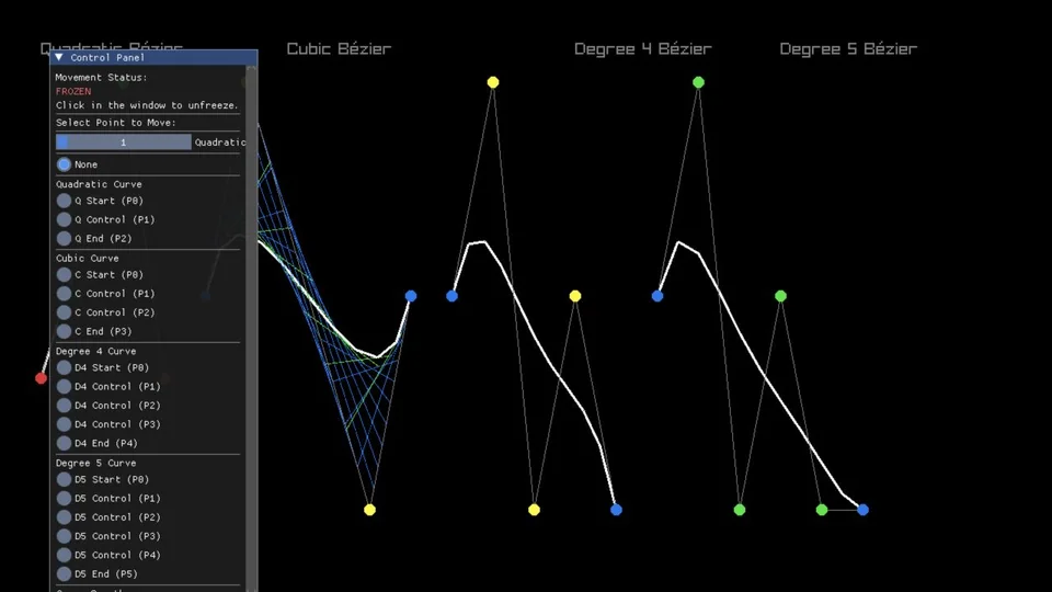 WebAssembly mini demo showing Bézier curves and their control points.
